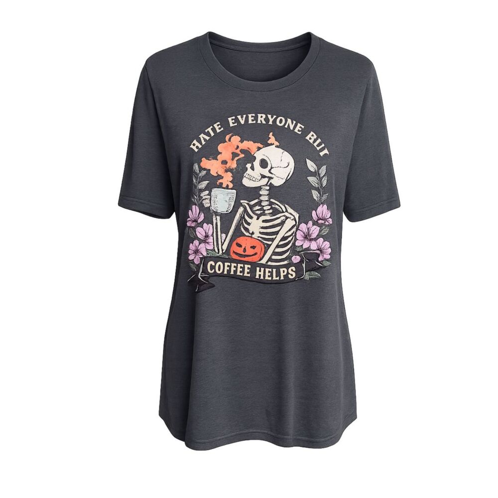 " I HATE EVERYONE" SKELETON FLORAL AND COFFEE CASUAL WEAR GRAPHIC TEE X-LARGE